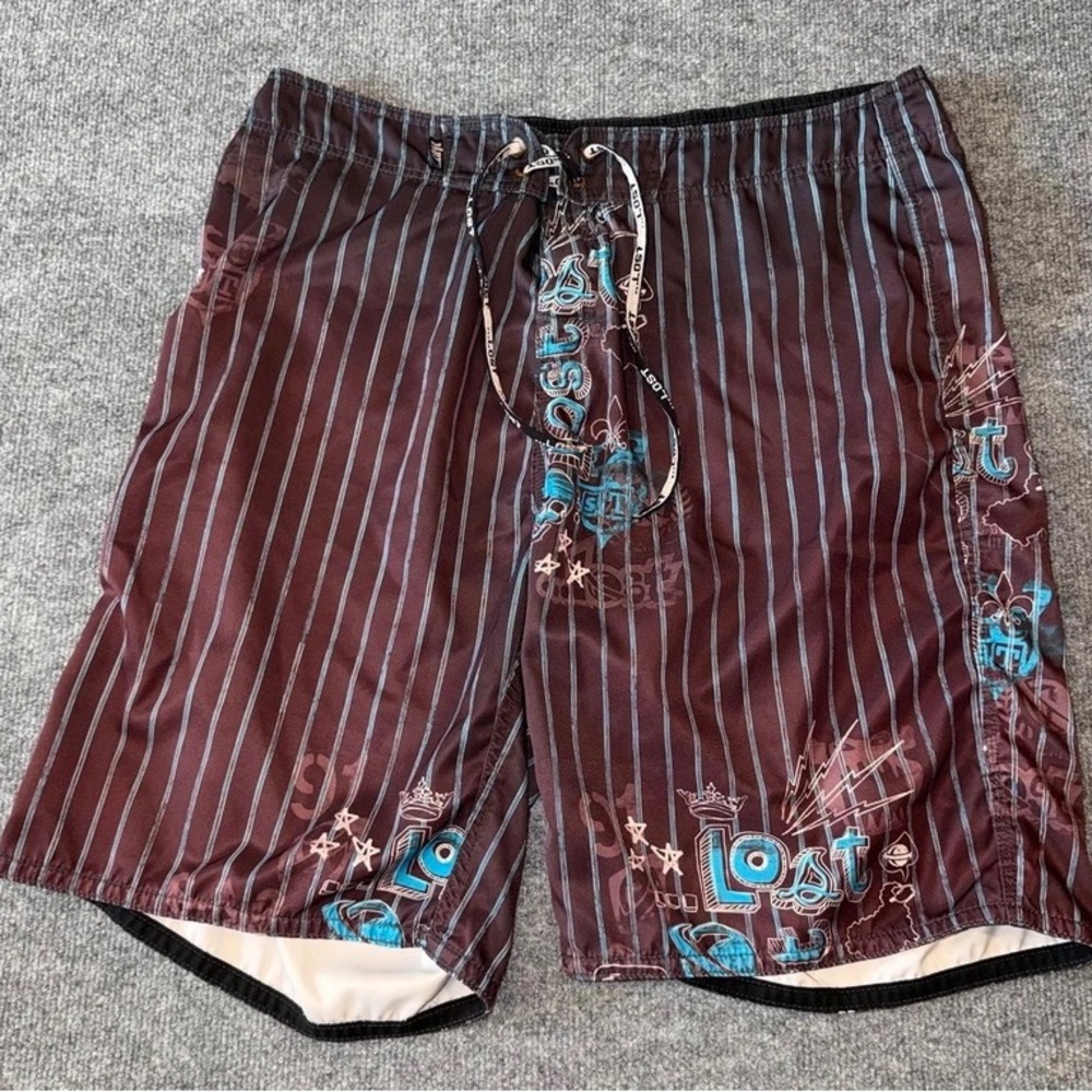 Lost Men's Maroon Swim Board Shorts with Blue Graphics